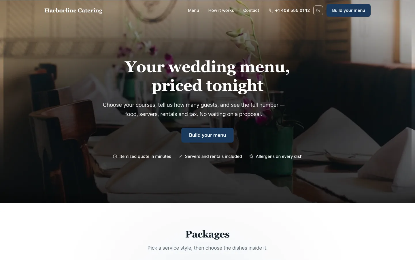 The Harborline Catering Deck site: a wedding menu with the price on screen