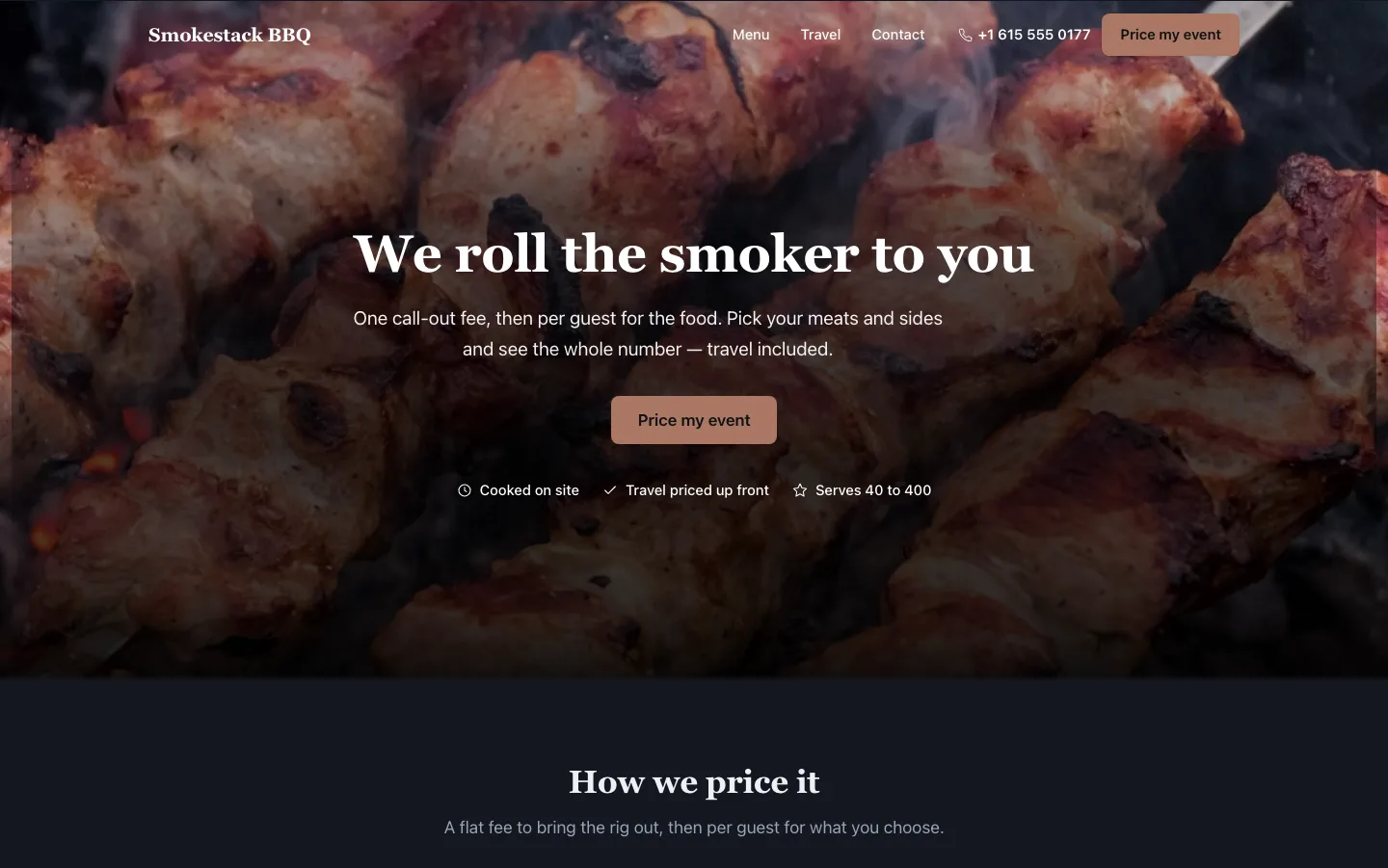The Smokestack BBQ site: a flat call-out fee plus per guest