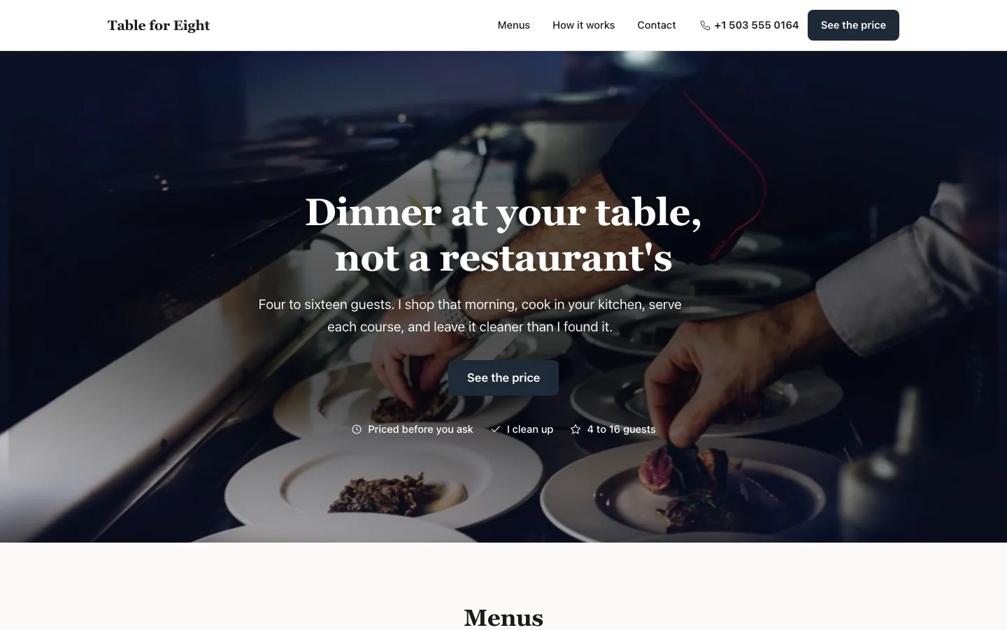 The Table for Eight site: a private chef priced per head